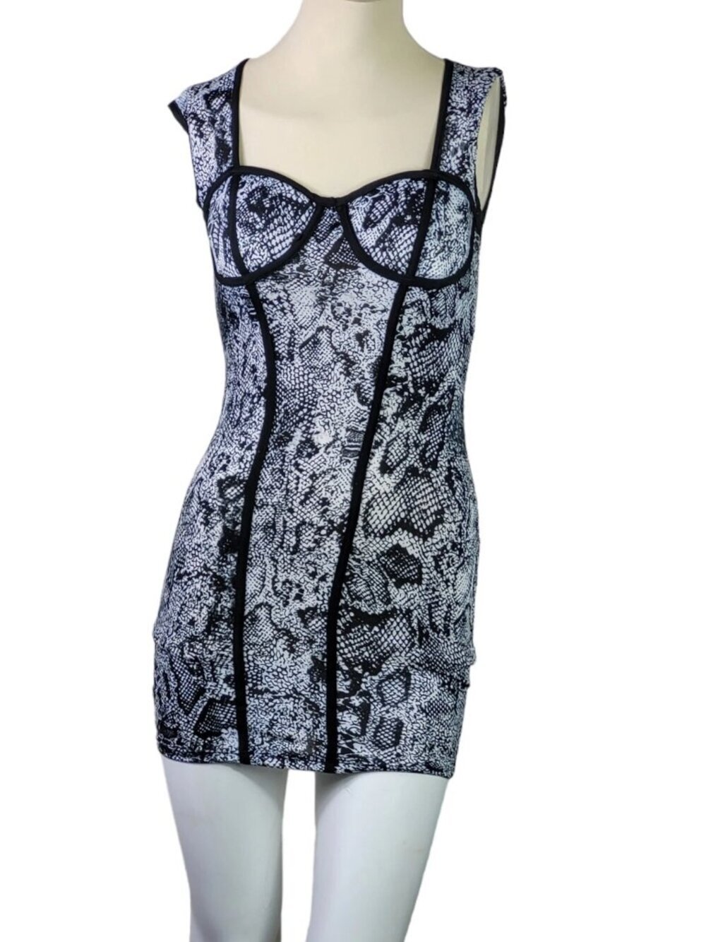 Y2K Black Snake Print Bodycon Stretchy Fitted Mini Dress Party Date Night - Picture 2 of 9
